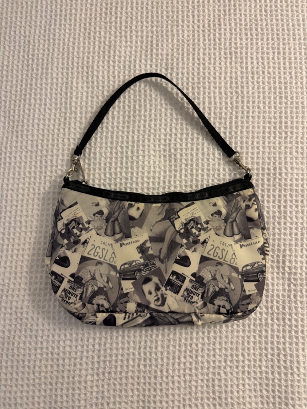 Vintage Le Sportsac Collage Print Handbag Black and Cream